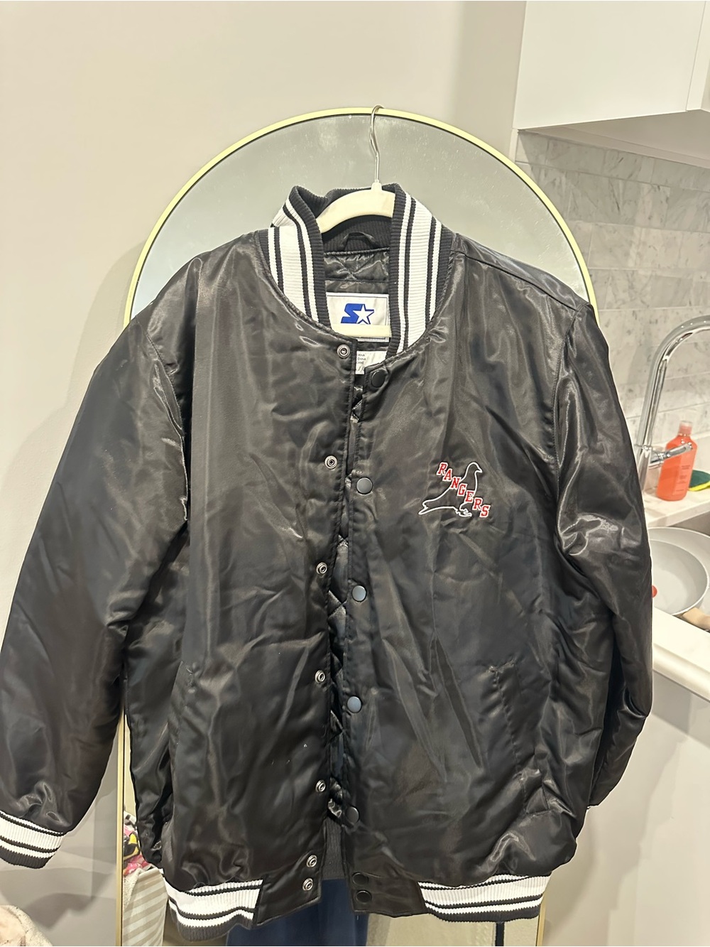 STARTER Black Bomber Jacket with Striped Trim & Rangers Patch